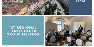 Photo one (top): Cities of Presov, Photo two (bottom): People sitting in their seats watching the presentation.